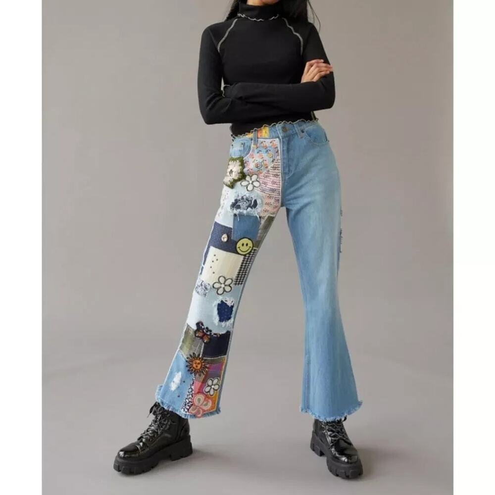 UO BDG Indigo Craft High Waisted Flare Jeans with Patchwork Detail Size 27 x 28